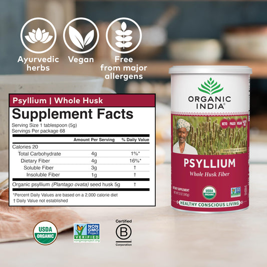Back view of Organic India Psyllium Whole Husk 12 oz packaging