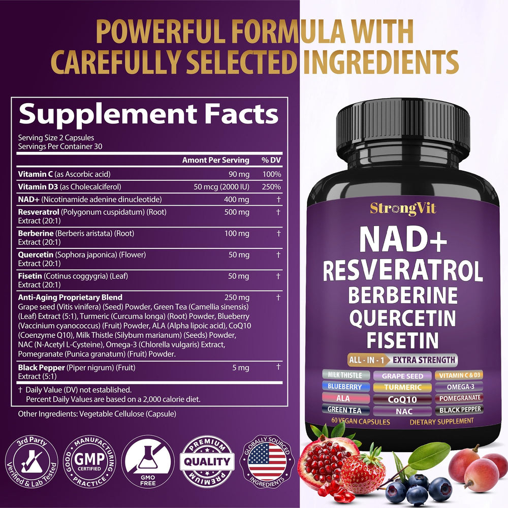 Organic ingredients highlights including Resveratrol, Berberine and Quercetin