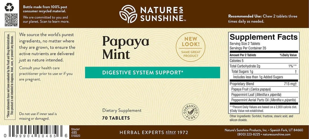 Ingredients include sorbitol, papaya concentrate and fructose