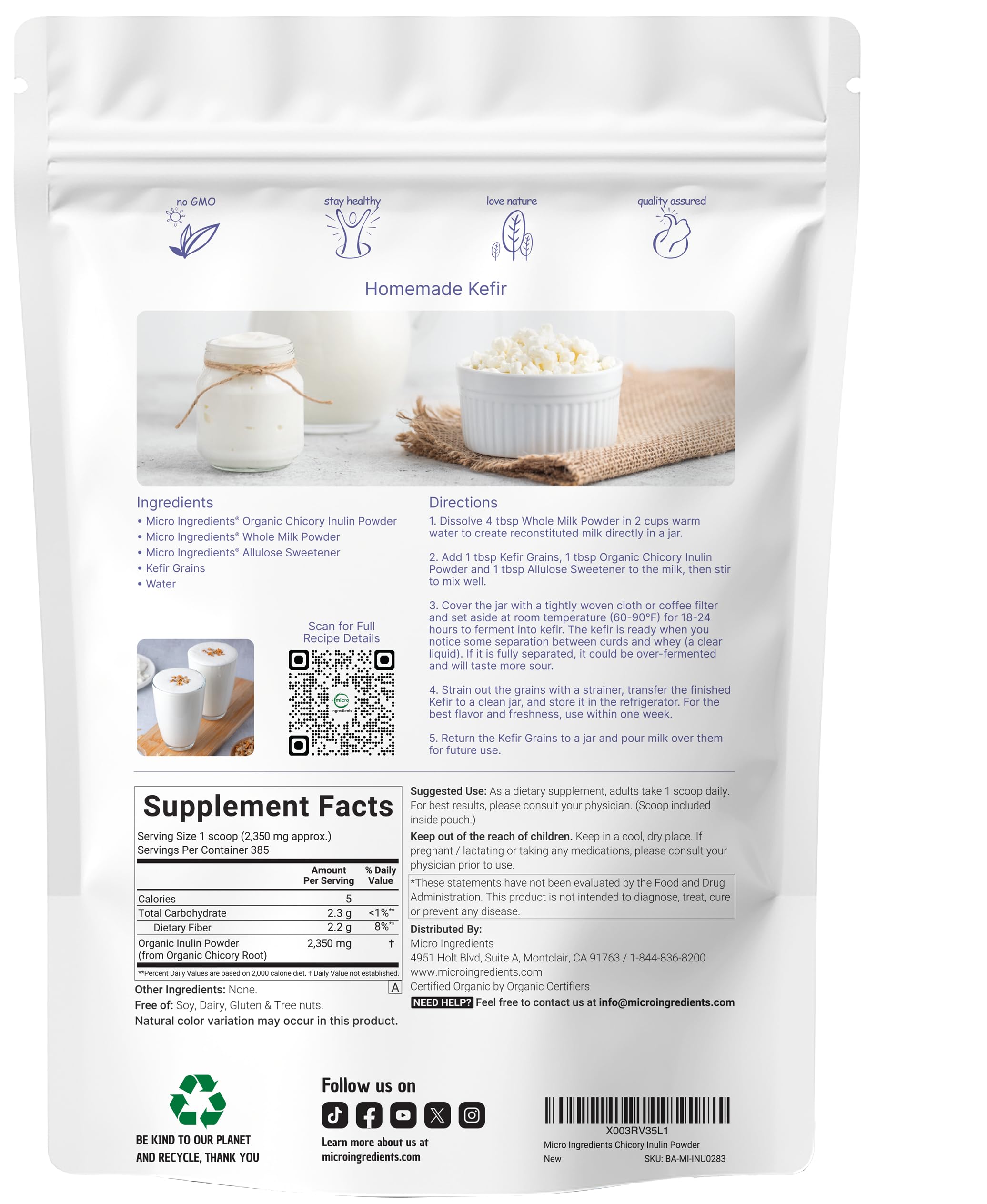 Back label detailing ingredients and nutrition for inulin powder