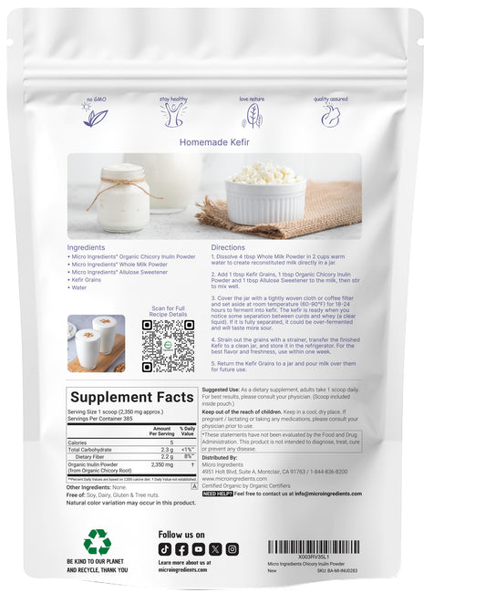 Back label detailing ingredients and nutrition for inulin powder