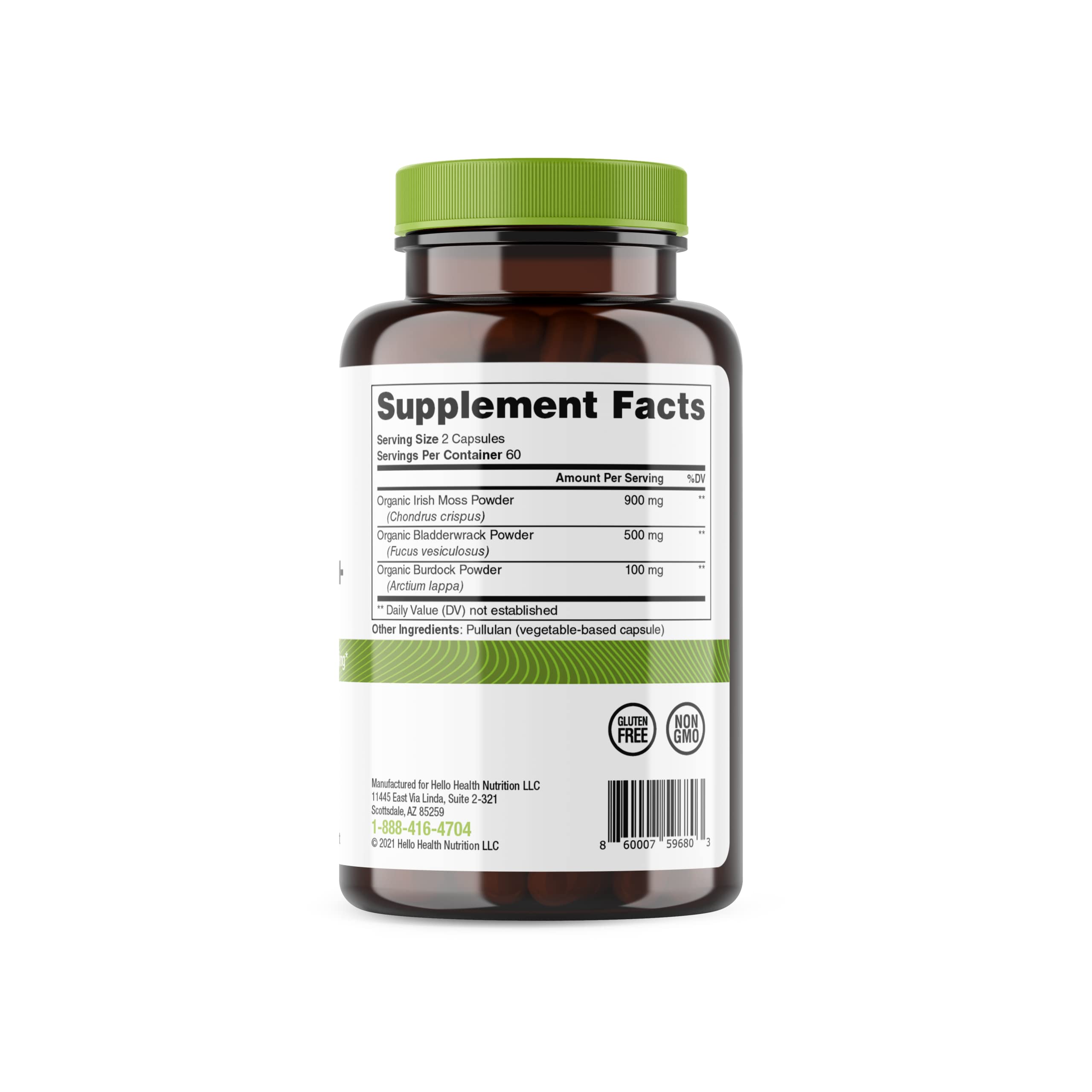 Nutrition facts panel of Sea Moss capsules