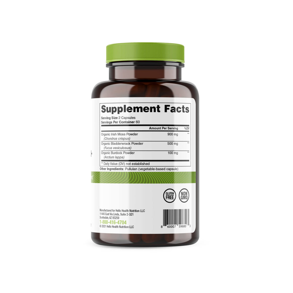 Nutrition facts panel of Sea Moss capsules