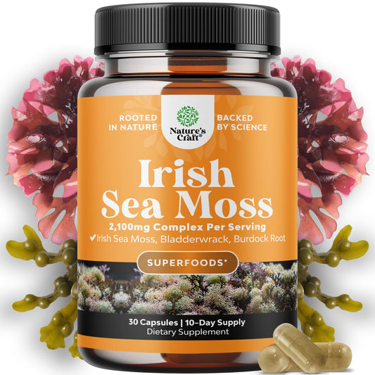 Bottle of Organic Irish Sea Moss Capsules on a white background