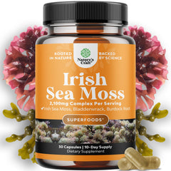 Bottle of Organic Irish Sea Moss Capsules on a white background