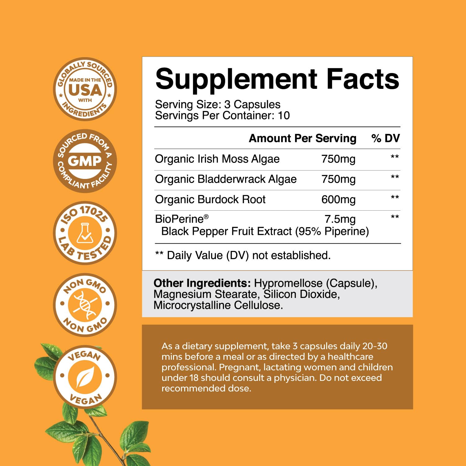 Close-up of Organic Irish Sea Moss Capsules with burdock root and bladderwrack