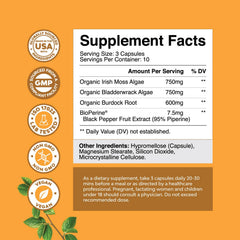 Close-up of Organic Irish Sea Moss Capsules with burdock root and bladderwrack