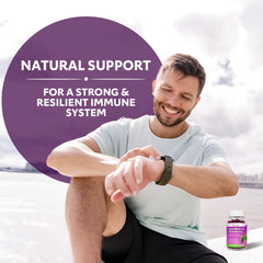 Collage of sea moss, elderberry, chlorophyll and vitamins