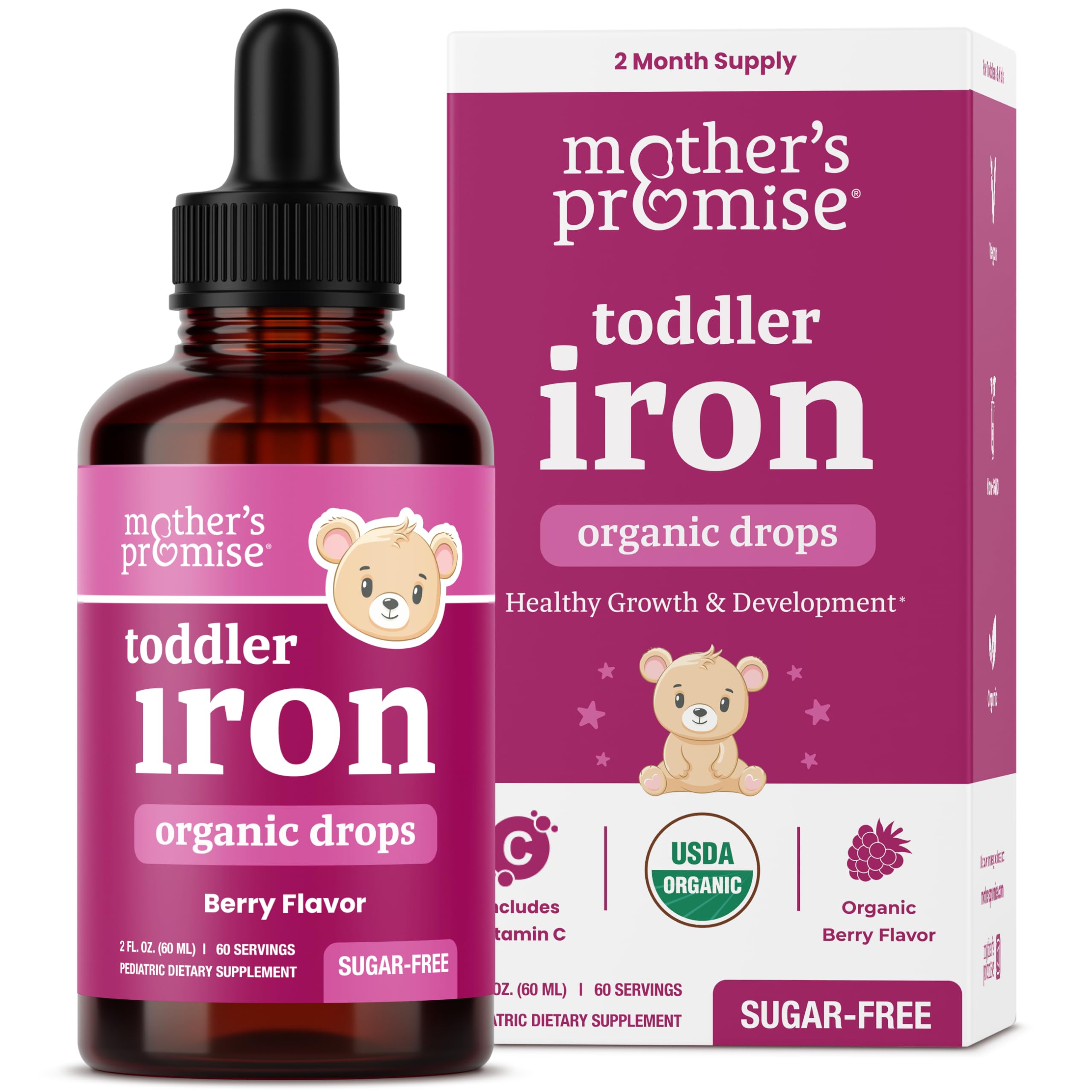 Bottle of Organic Iron Drops for Kids with Berry Flavor