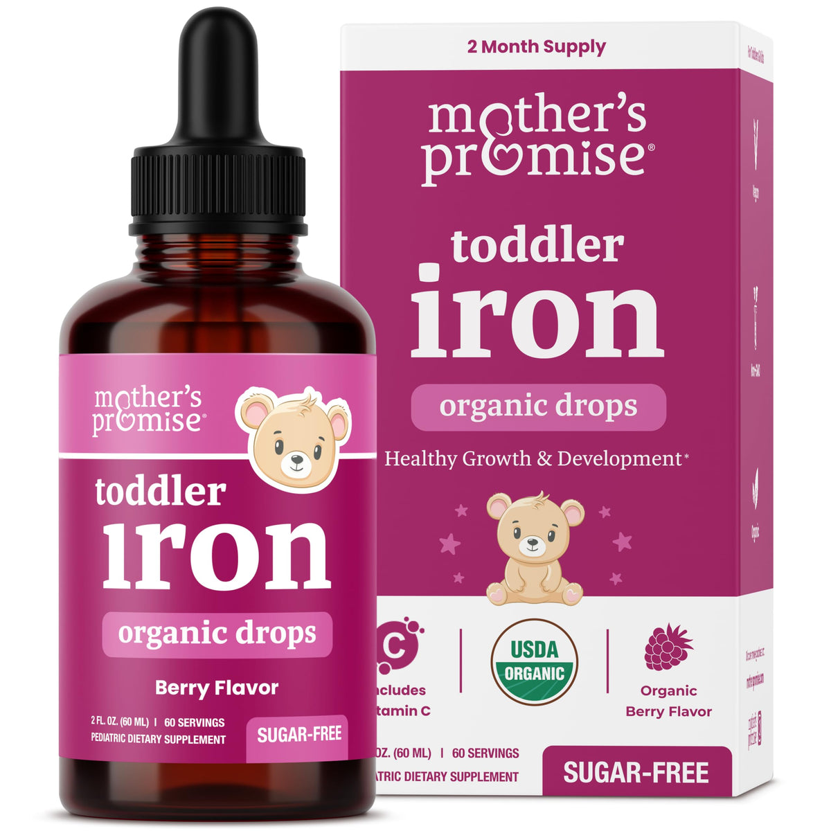 Bottle of Organic Iron Drops for Kids with Berry Flavor