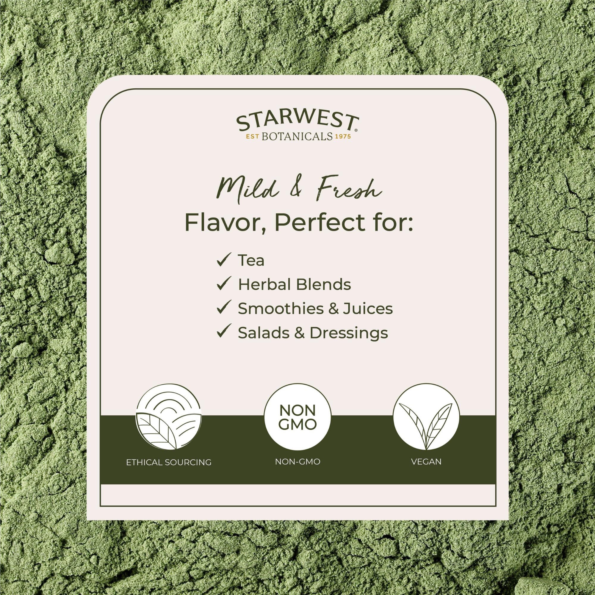 Label showing Organic, Kosher, and Non-GMO claims on wheatgrass powder