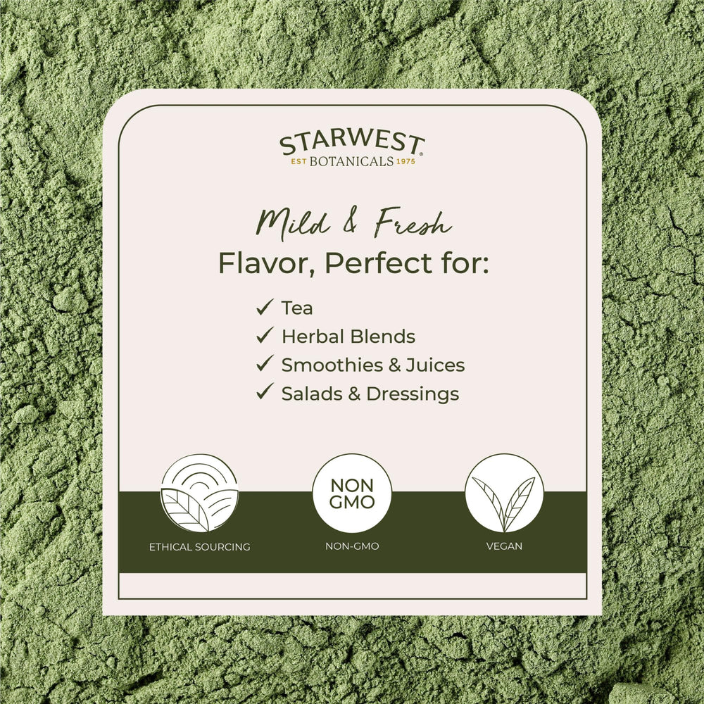 Label showing Organic, Kosher, and Non-GMO claims on wheatgrass powder
