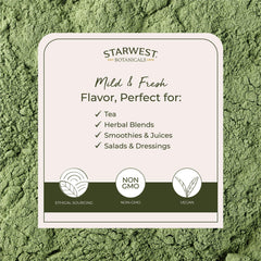 Label showing Organic, Kosher, and Non-GMO claims on wheatgrass powder