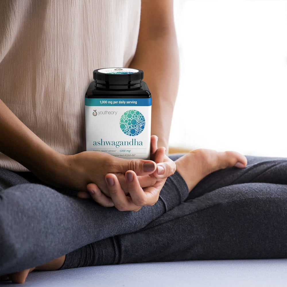 Close-up of Ashwagandha capsules and bottle with 1000mg per serving