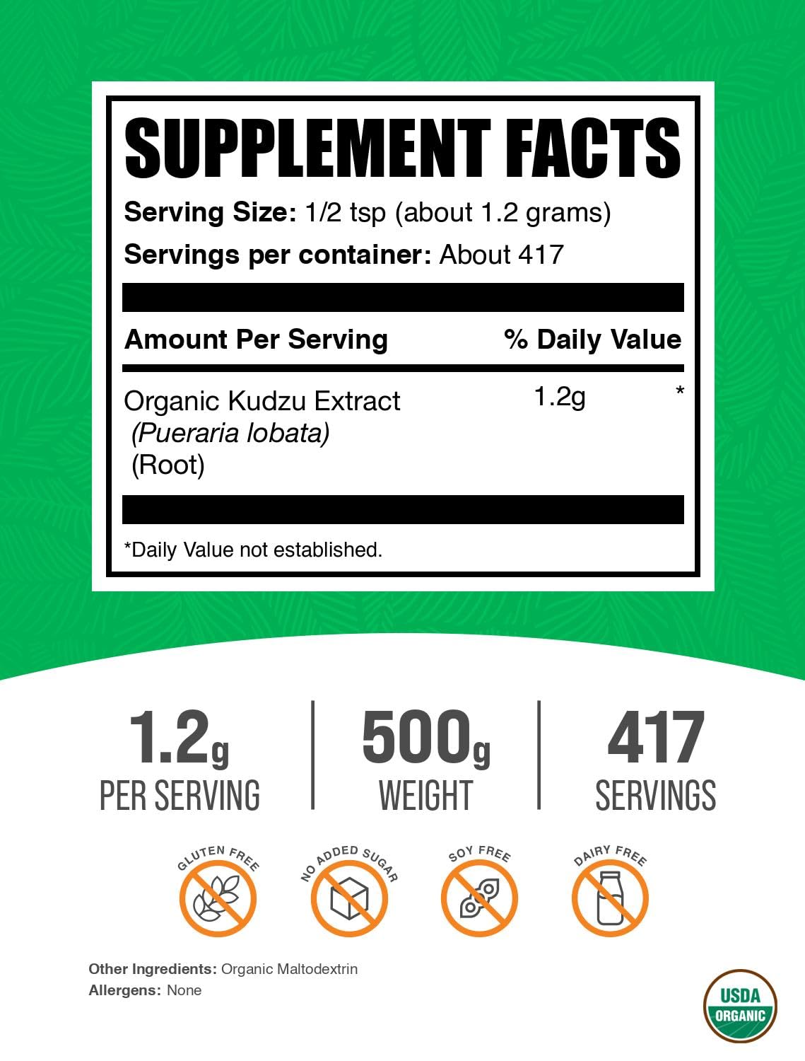 Label showing Gluten-Free Kudzu Root supplement and serving size