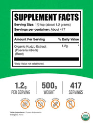 Label showing Gluten-Free Kudzu Root supplement and serving size