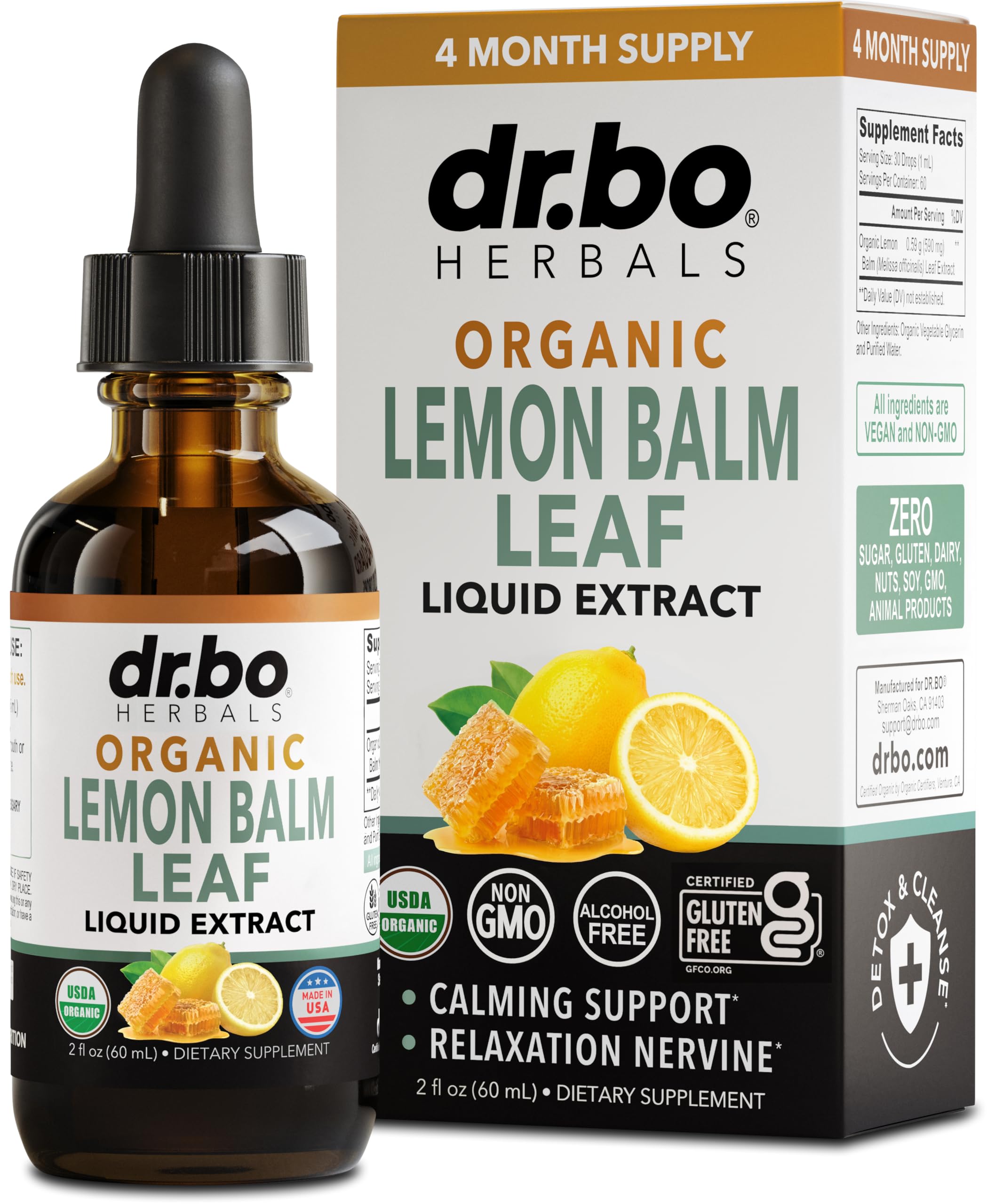 Organic lemon balm extract tincture bottle, 2oz