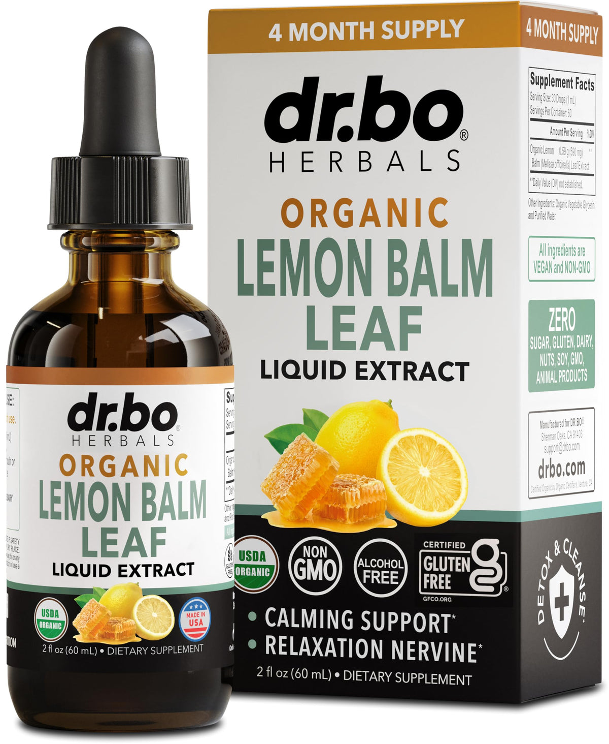 Organic lemon balm extract tincture bottle, 2oz
