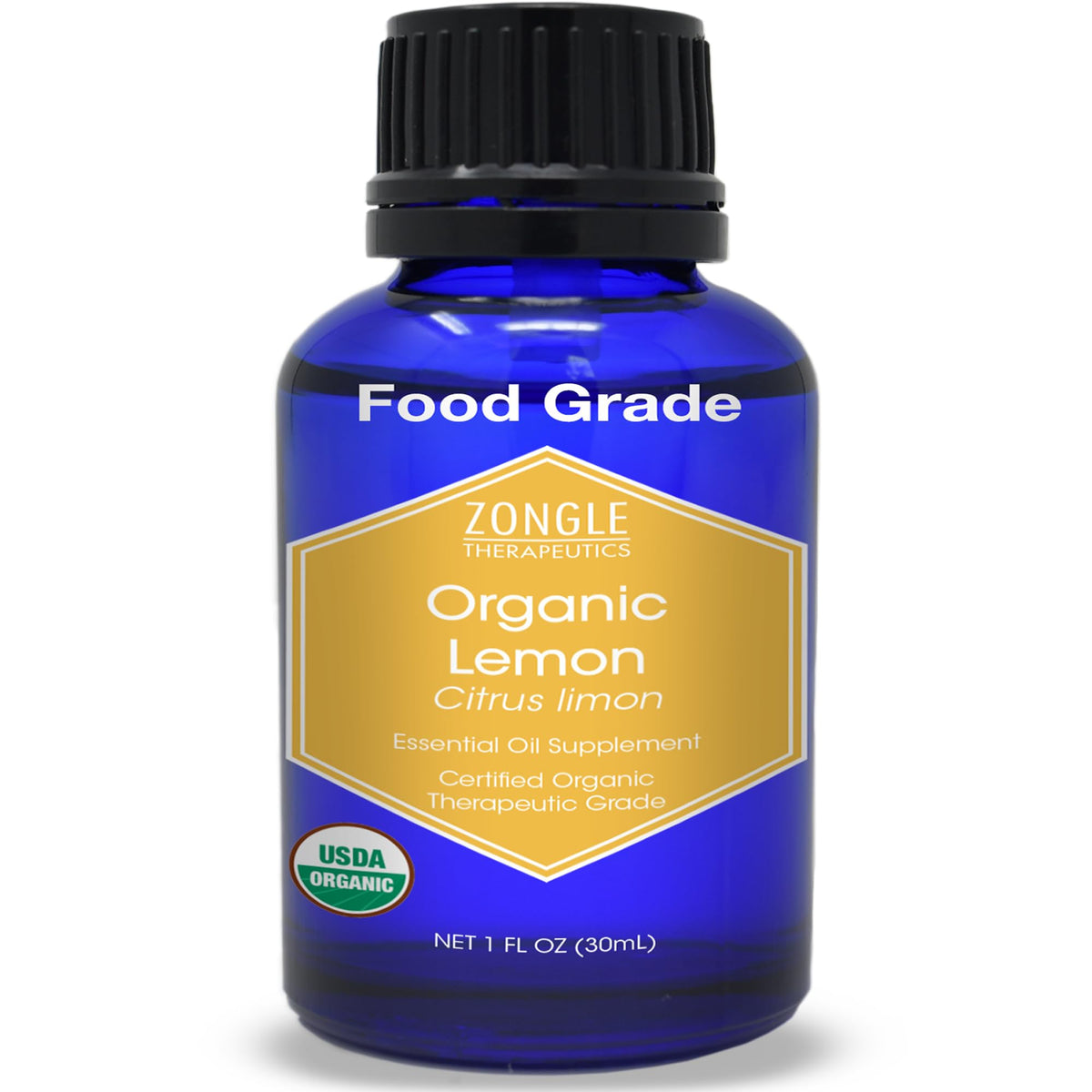 Organic lemon essential oil bottle labeled Zongle Therapeutics - 1 oz