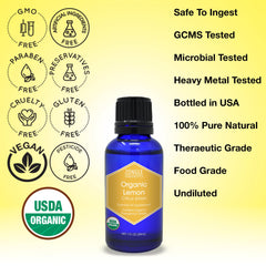 Front view of organic lemon essential oil bottle with label