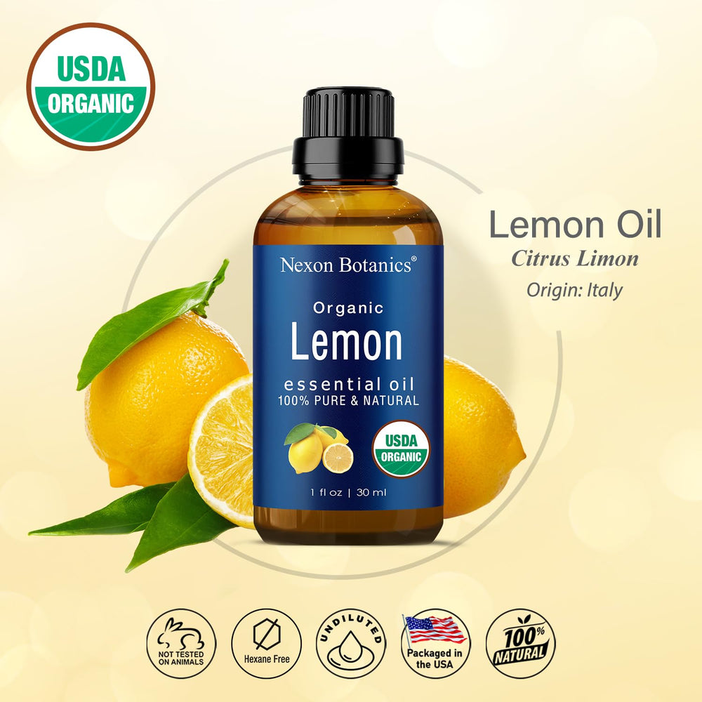 Close-up of lemon essential oil in glass dropper bottle
