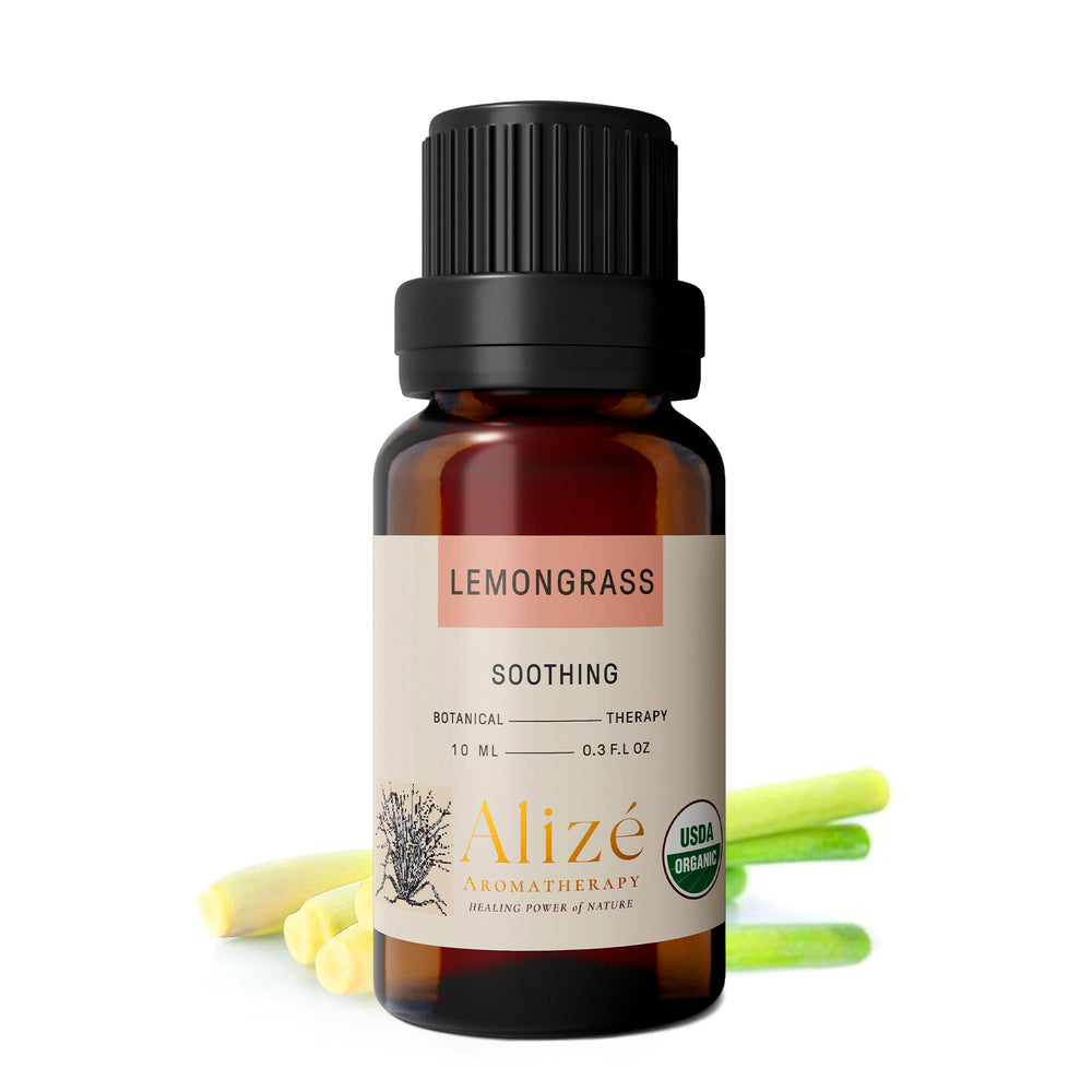 Organic Lemongrass Essential Oil in a dark glass bottle (10ml)