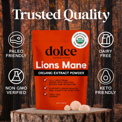 Close-up texture of Organic Lion’s Mane powder