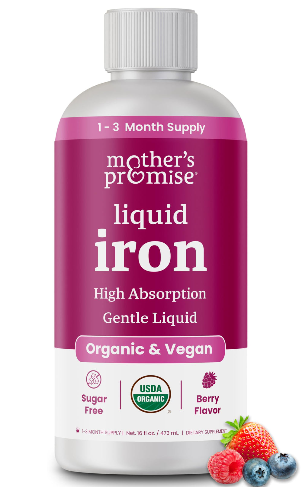 Organic Berry Flavor Liquid Iron supplement bottle for women, men and kids