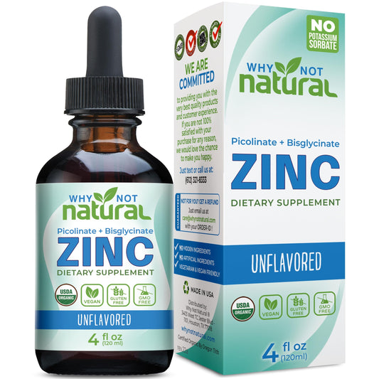 Bottle of Organic Liquid Zinc Drops with chelated zinc picolinate and bisglycinate label