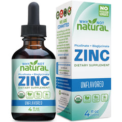 Bottle of Organic Liquid Zinc Drops with chelated zinc picolinate and bisglycinate label