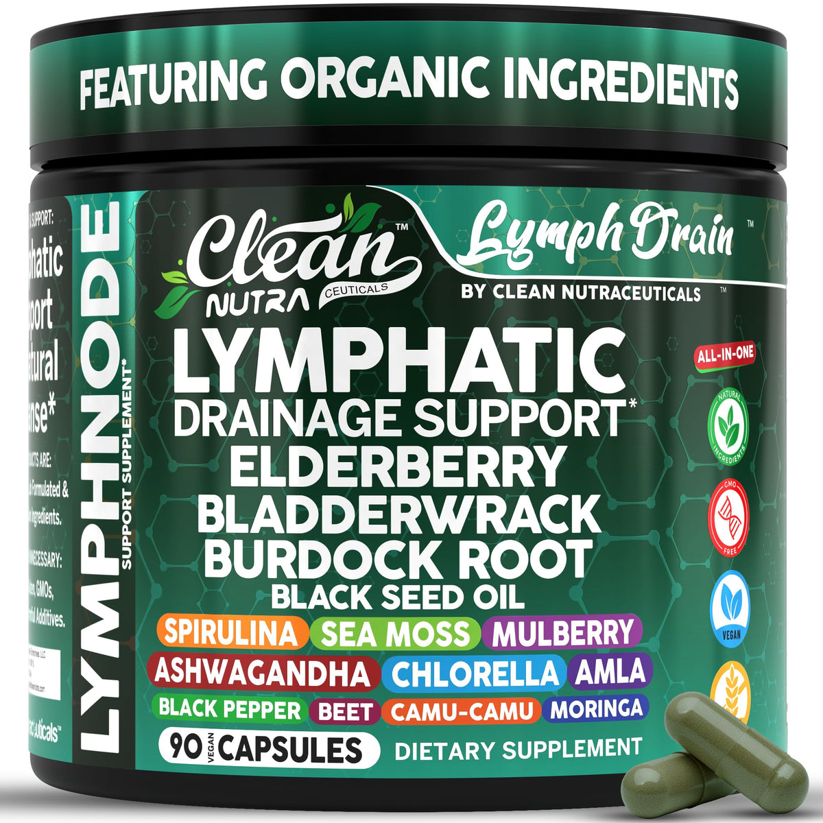 Organic Lymphatic Drainage Supplements bottle featuring spirulina, chlorella, elderberry, sea moss, and chlorophyll
