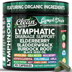 Organic Lymphatic Drainage Supplements bottle featuring spirulina, chlorella, elderberry, sea moss, and chlorophyll