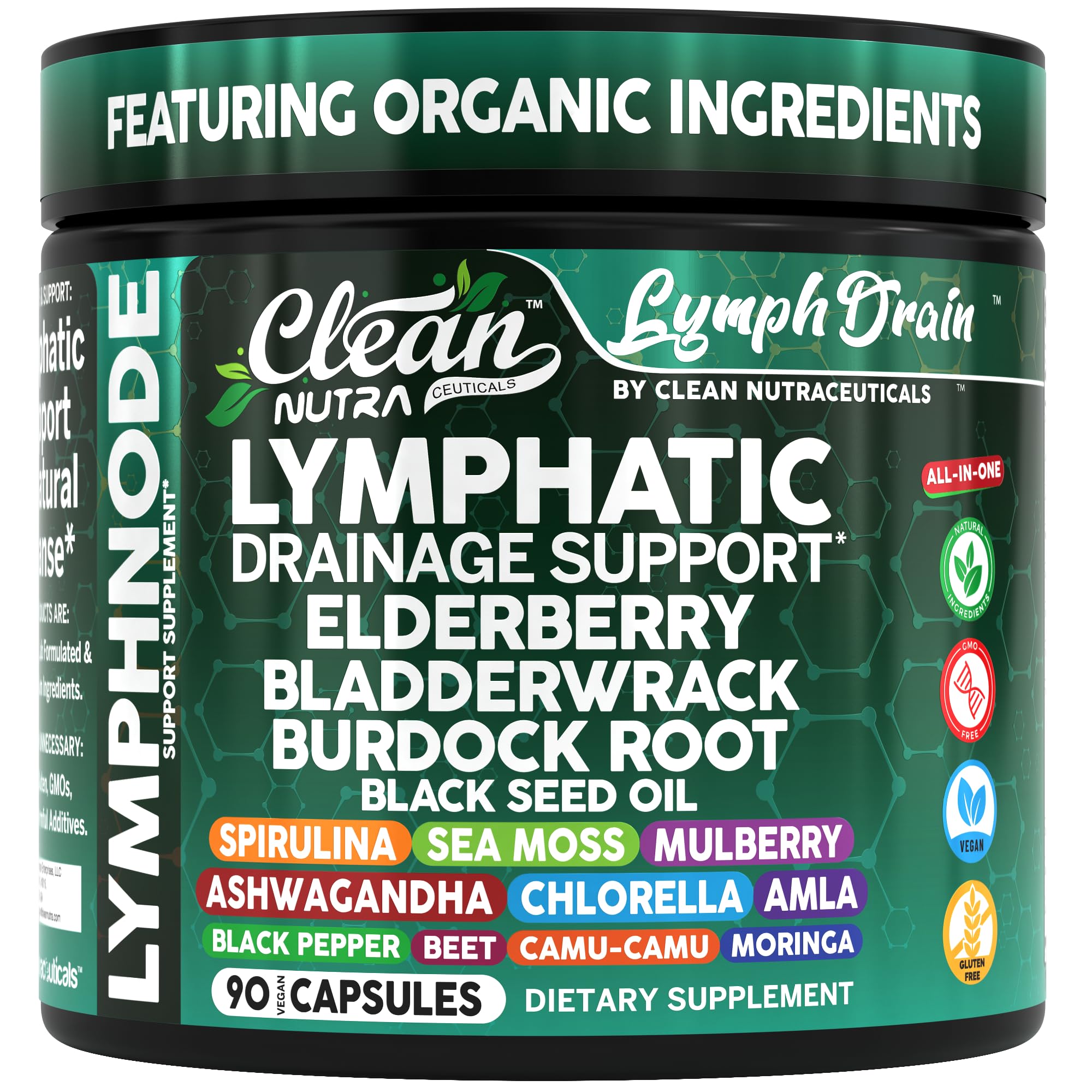 Daily-use lymphatic support capsules with spirulina, chlorella, and chlorophyll