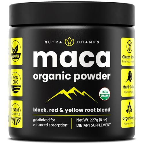 Organic maca powder showing yellow, black and red root colors