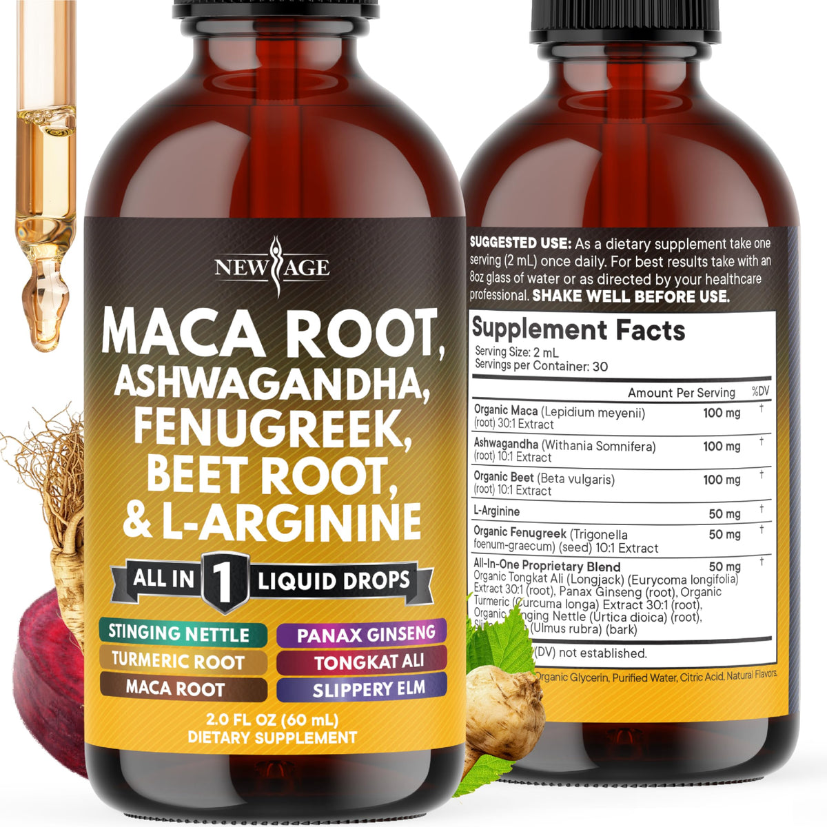 Close-up of Organic Maca Root Liquid Drops with Ashwagandha bottle