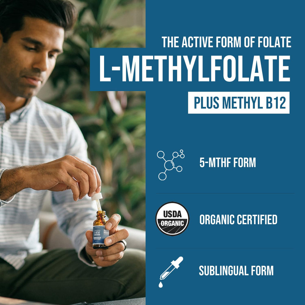 Sublingual dropper bottle label for Organic Methyl Folate + Methyl B12