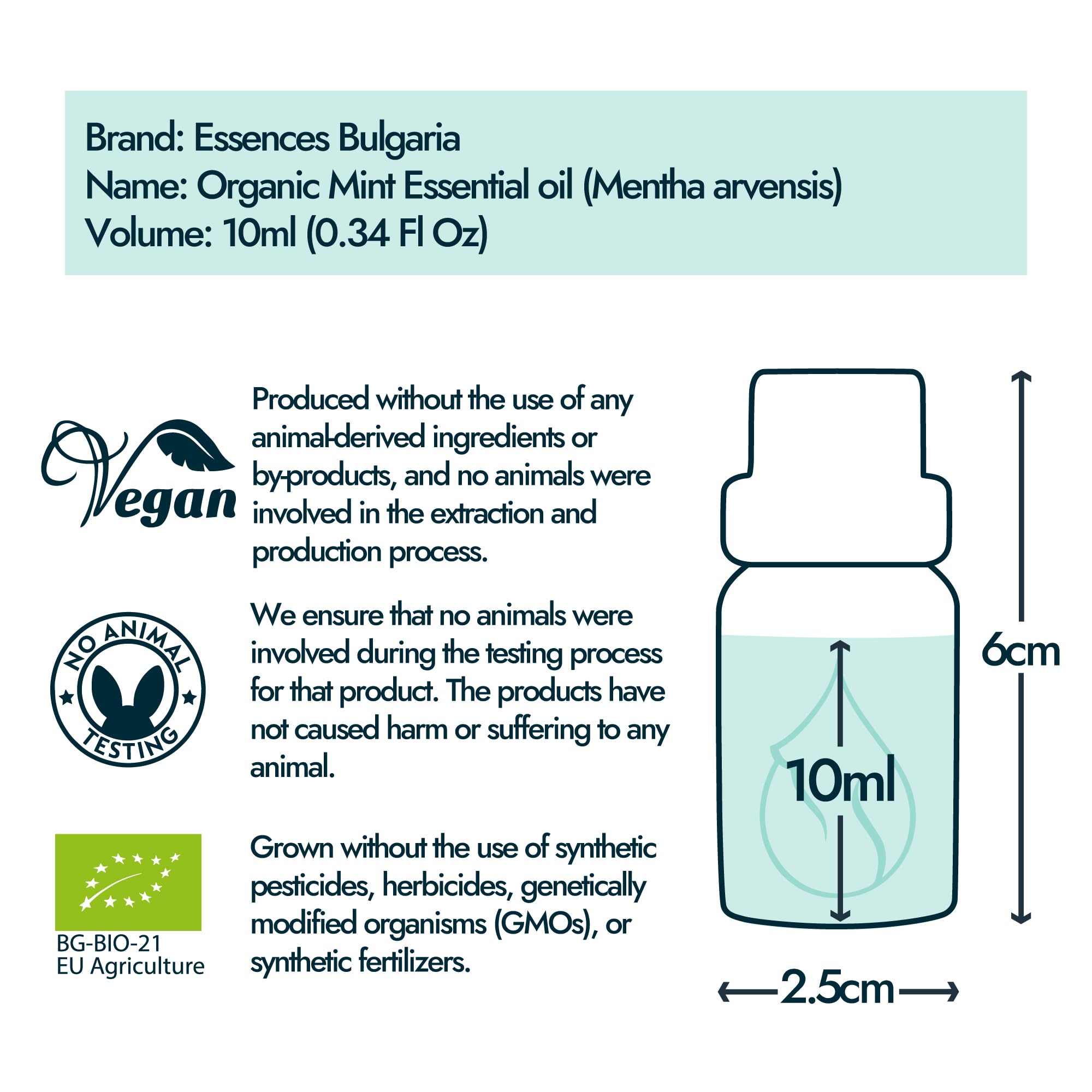 Bulgarian mint essential oil bottle displayed with 360-degree view
