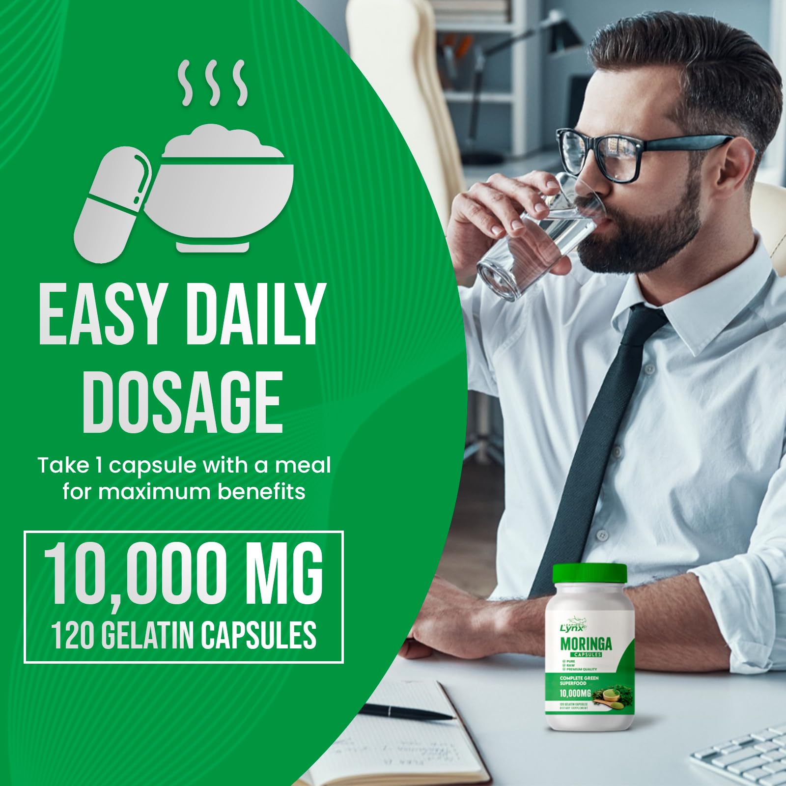 Non-GMO and gluten-free moringa capsules packaging