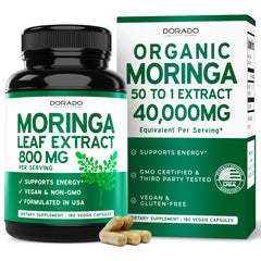 Organic Moringa Capsules bottle with label on white background