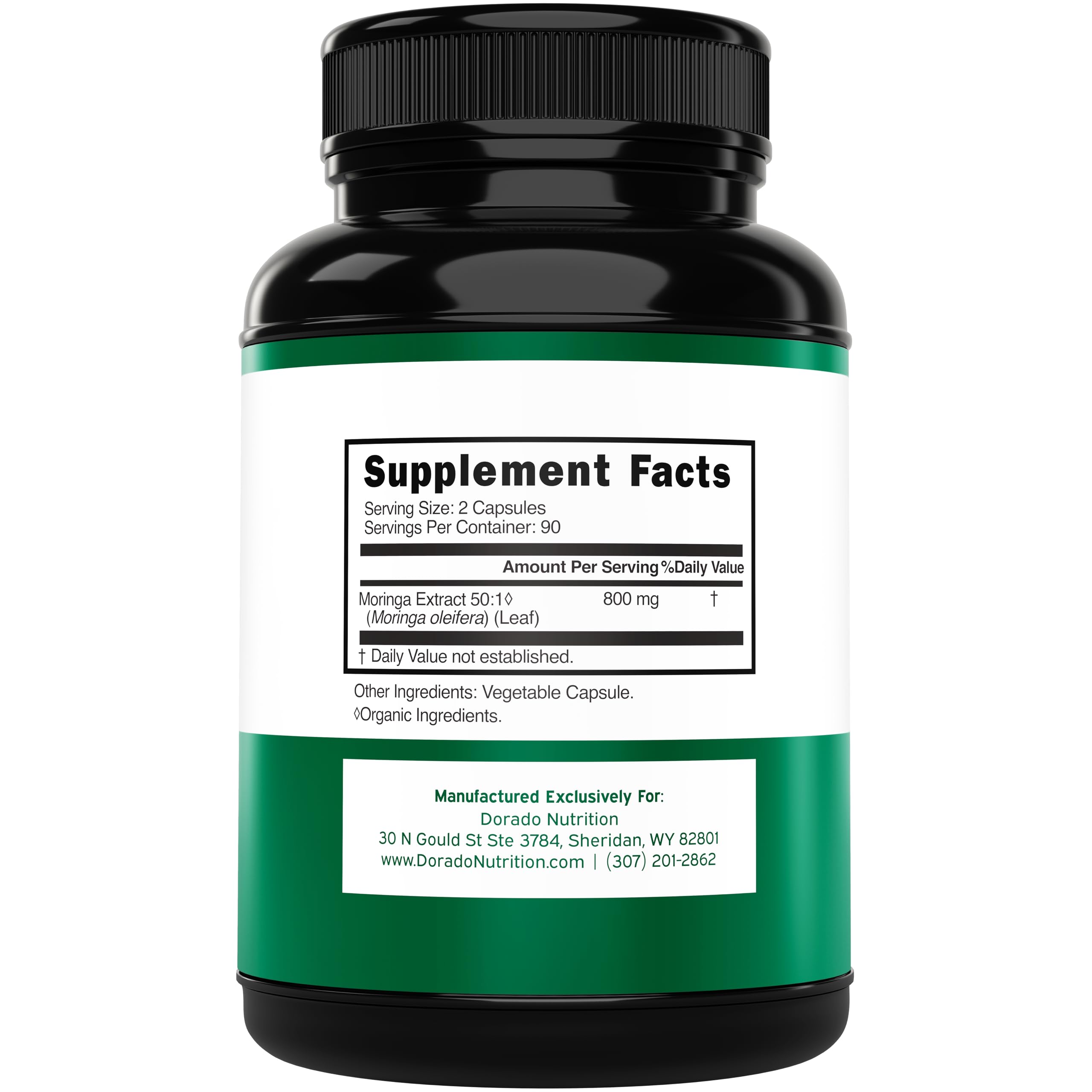 Close-up of Moringa leaf extract capsule showing 800mg per serving