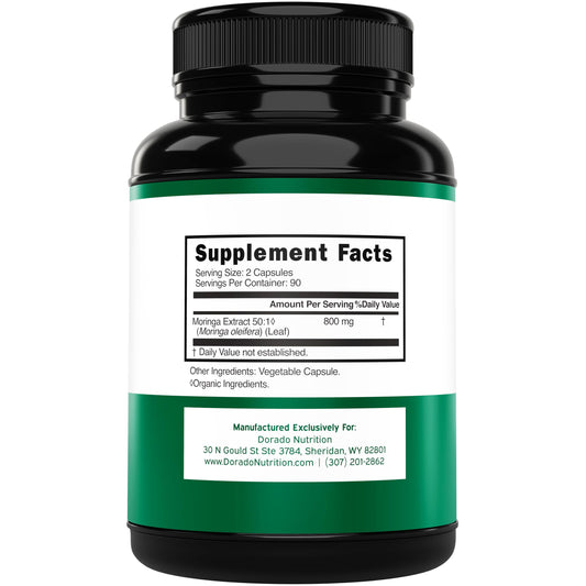 Close-up of Moringa leaf extract capsule showing 800mg per serving