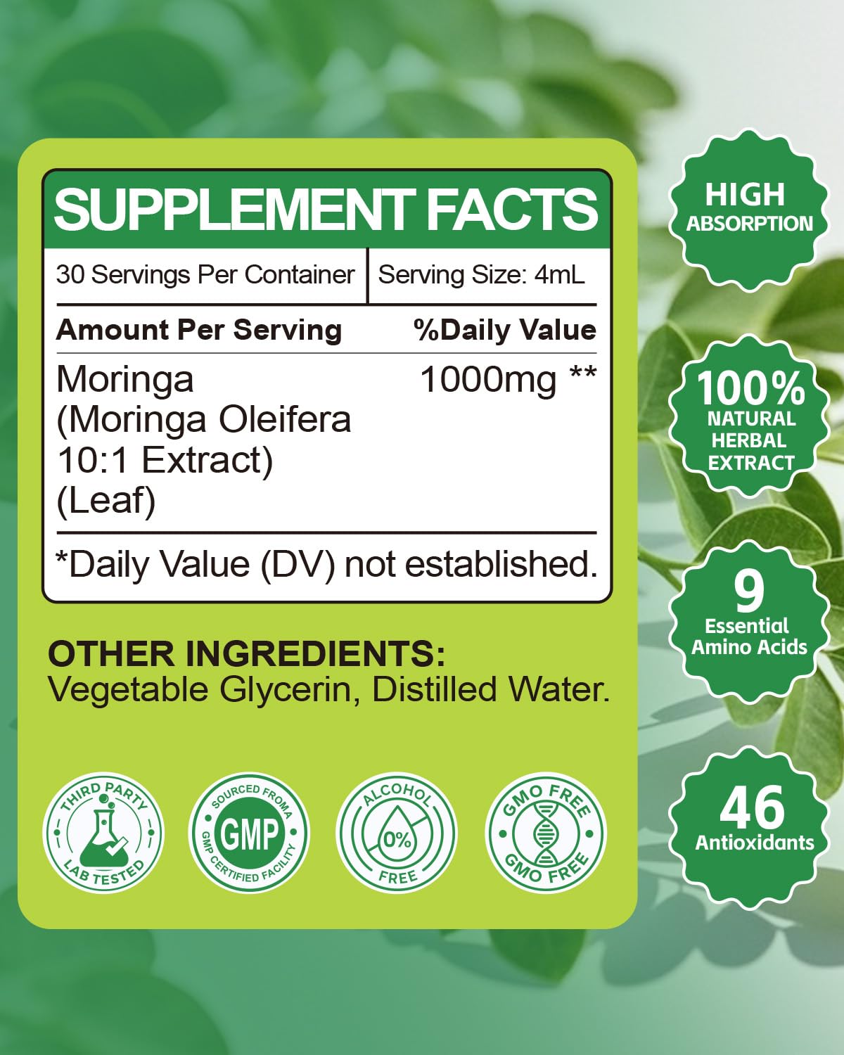 Organic Moringa Liquid Drops bottle side view