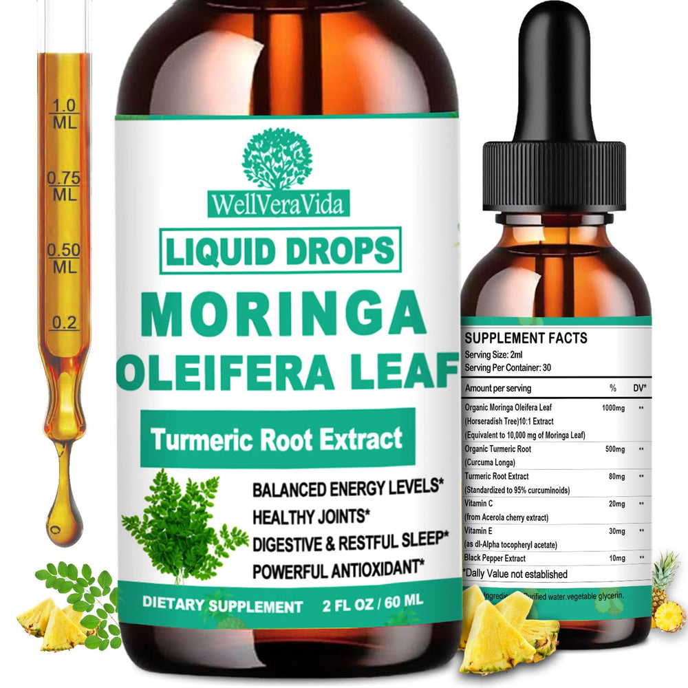 Bottle of Organic Moringa Liquid Drops with turmeric and black pepper
