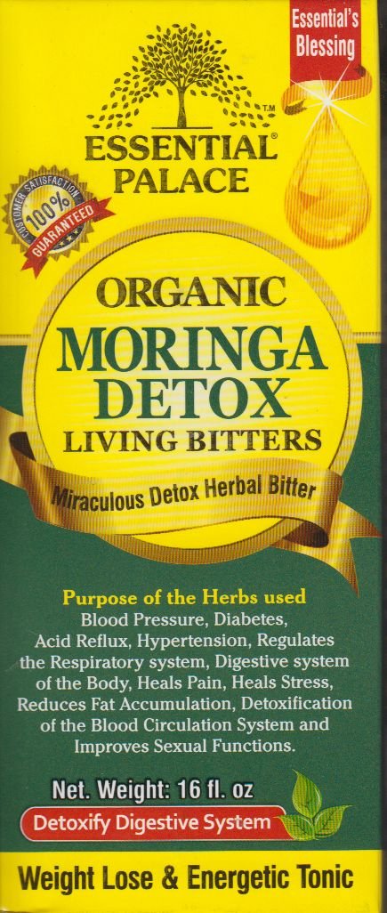 Bottle of Organic Moringa Living Bitters on white background