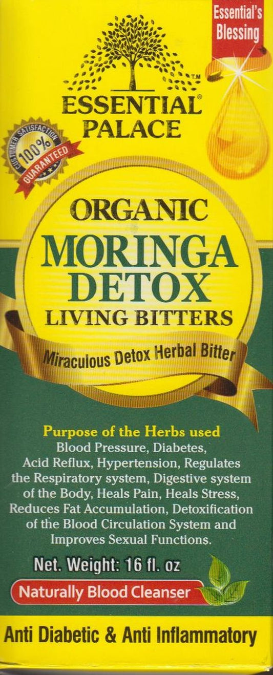 Organic Moringa Living Bitters bottle with moringa leaves and natural ingredients