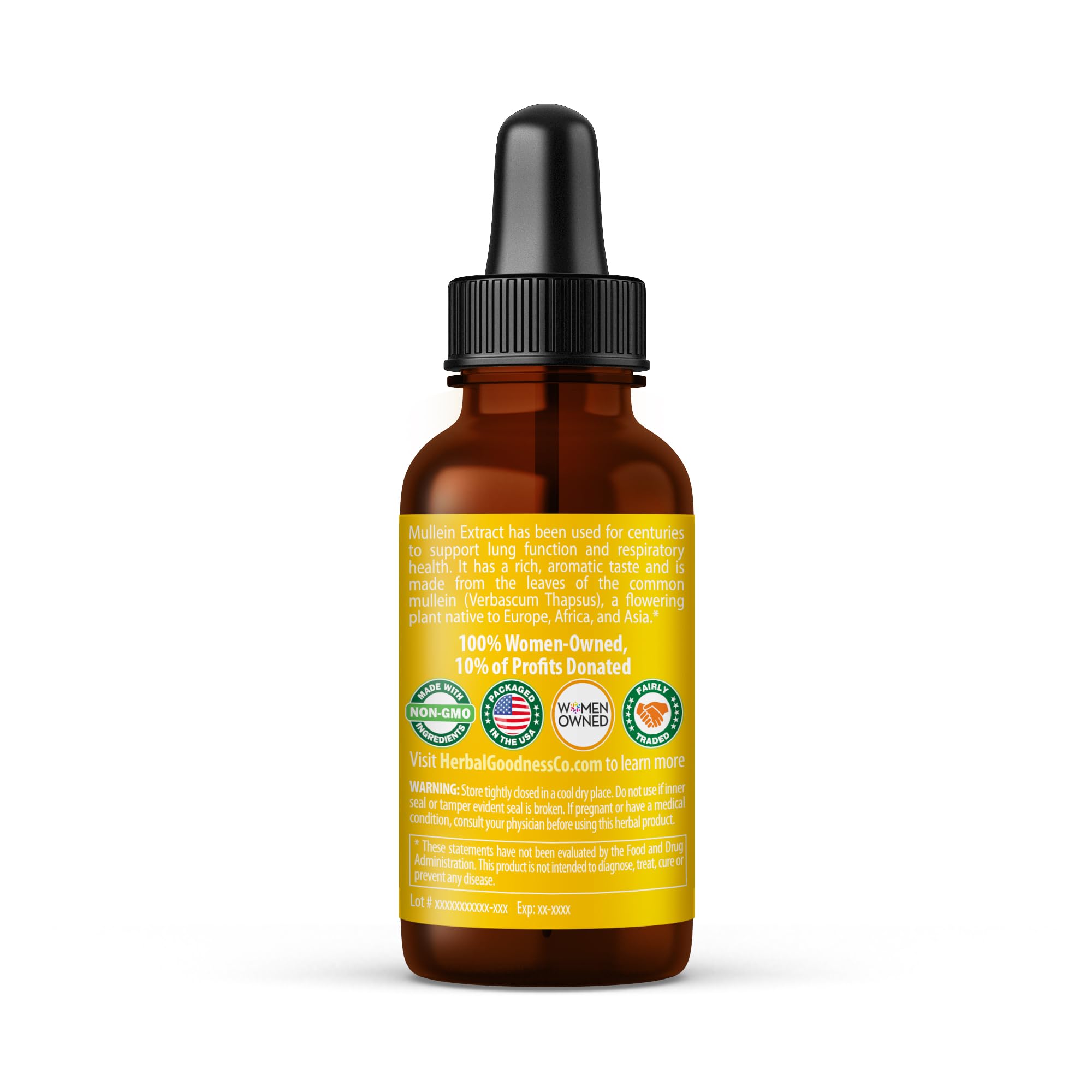 Close-up of organic mullein leaf extract powder and glass bottle