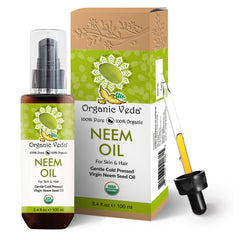 Organic Veda Neem Oil bottle with packaging on white background