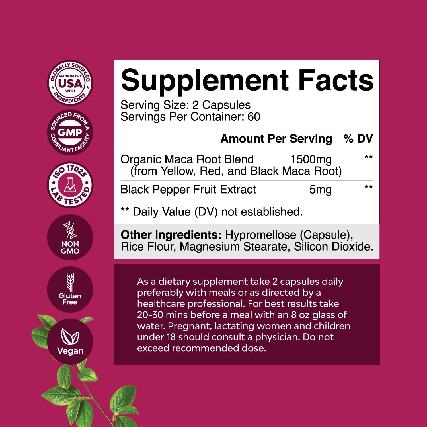 Non-GMO Organic Maca Capsules for Women - 120 count