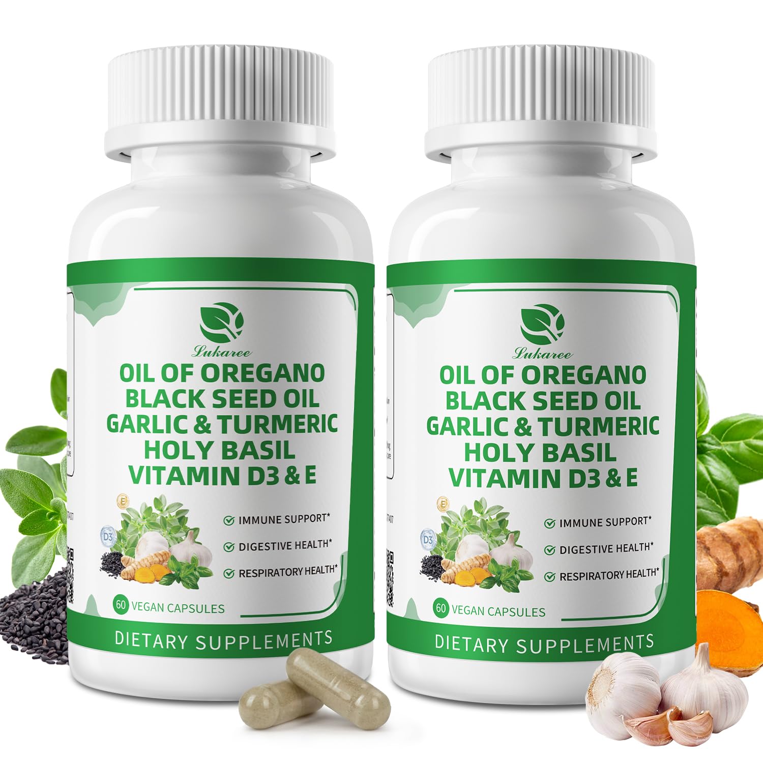 Ingredient highlights: oregano oil, black seed oil, garlic, turmeric, holy basil, black pepper, and vitamins D3 and E