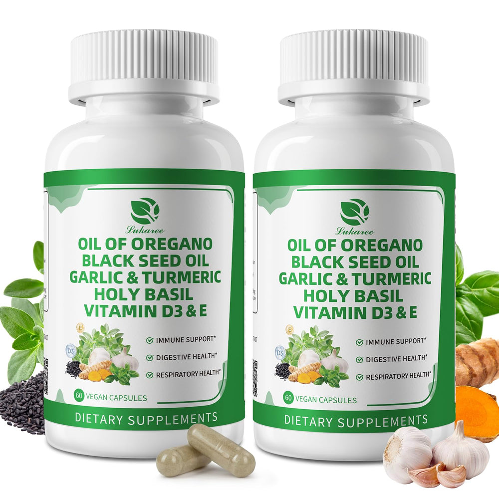 Ingredient highlights: oregano oil, black seed oil, garlic, turmeric, holy basil, black pepper, and vitamins D3 and E